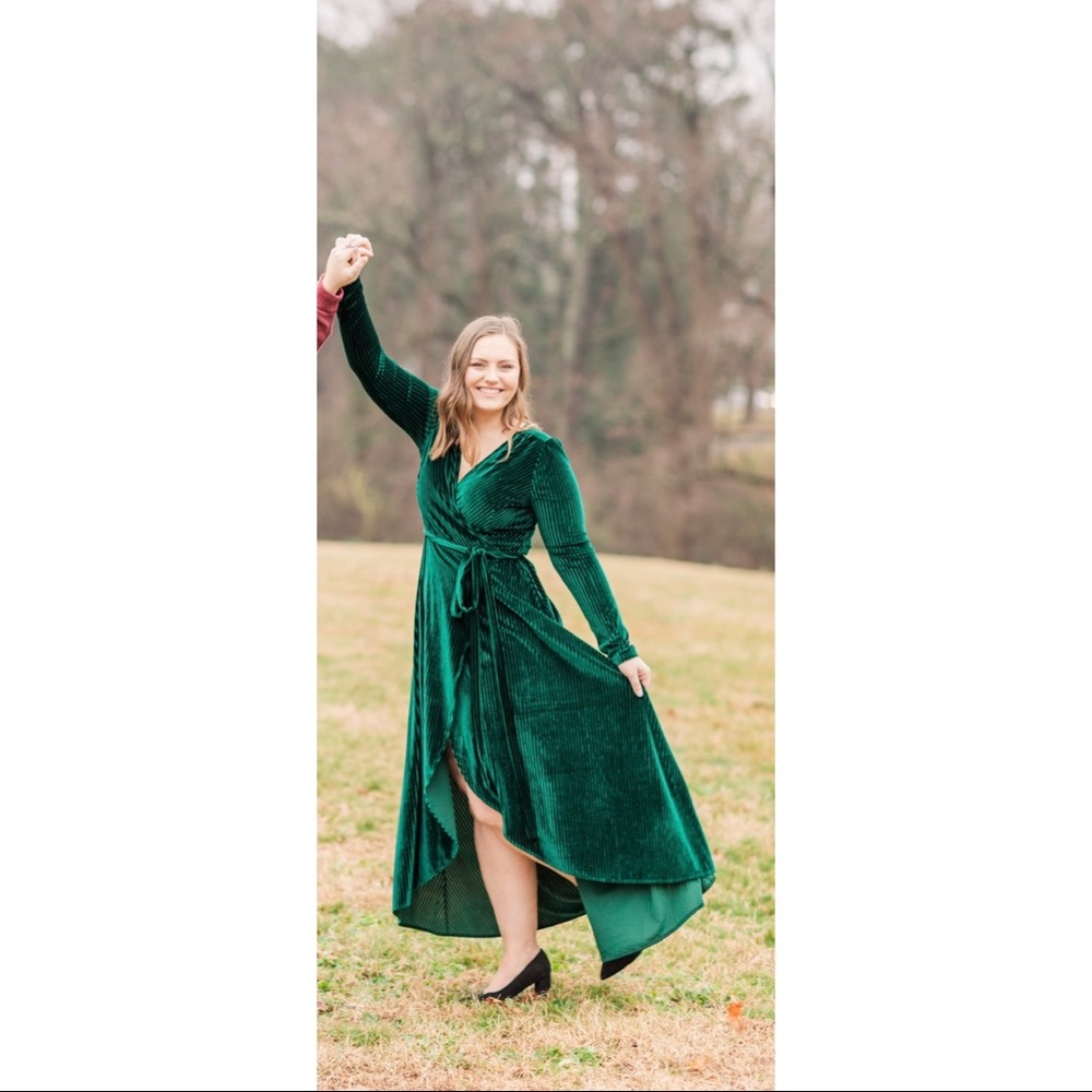 Emerald Green Ribbed Long Sleeve Velvet Wrap Maxi Dress - Worn Once